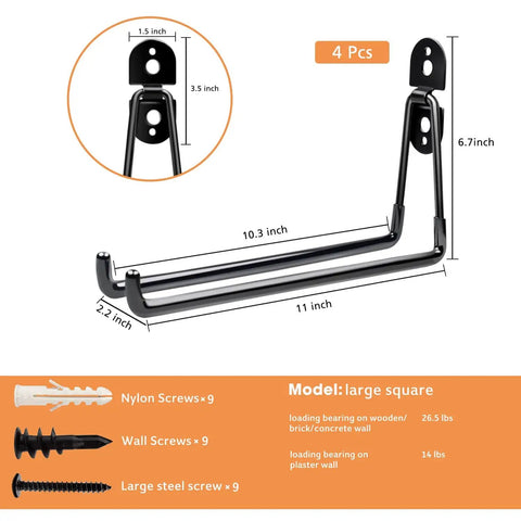 Ultra Heavy Duty 11 Inch Garage Hooks Wall Mount Storage Hangers Four Pack Long Hooks For Hanging Tools Chairs Hoses