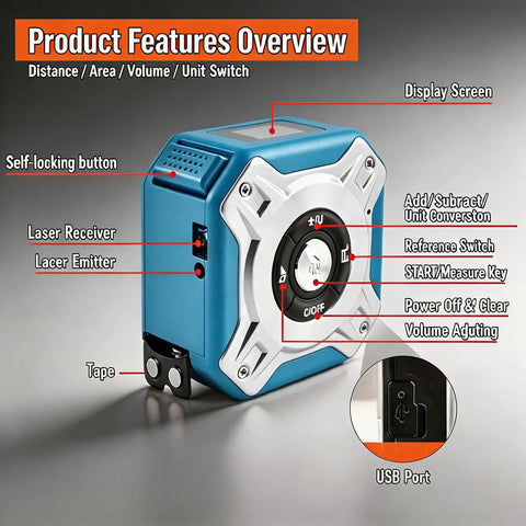 Hella Reliable Zero Hassle Two In One Laser Tape Measure With 131 Foot Laser Distance Meter showing features like buttons and display.