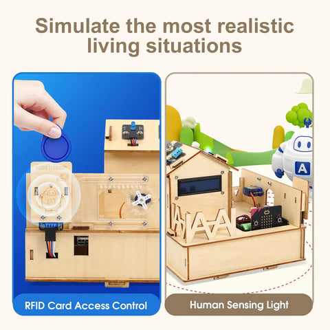Smart Home Coding Kit for Teens 12 Plus With Micro Bit MakeCode Compatible STEM Toys Coding Set for House Building Sensors and App Control Hands On Projects to Learn Real World Electronics, RFID access and sensor house model