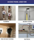 Quick Swap Ceiling Access Panel, Adjustable Six To Ten Inch Opening, Slick Drywall Hole Cover For Plumbing, Hvac, Electrical Wiring And Cable Runs, No Sweat Snap Fit Housing used in plumbing, HVAC, security, and electrical setups.