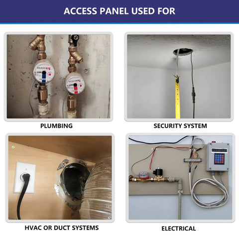 Quick Swap Ceiling Access Panel, Adjustable Six To Ten Inch Opening, Slick Drywall Hole Cover For Plumbing, Hvac, Electrical Wiring And Cable Runs, No Sweat Snap Fit Housing used in plumbing, HVAC, security, and electrical setups.