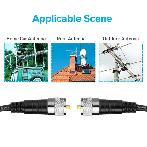 RG8X 50 Ft Coax Cable for HAM Radio and CB Systems With PL259 UHF Connectors shown with home car, roof, outdoor antennas