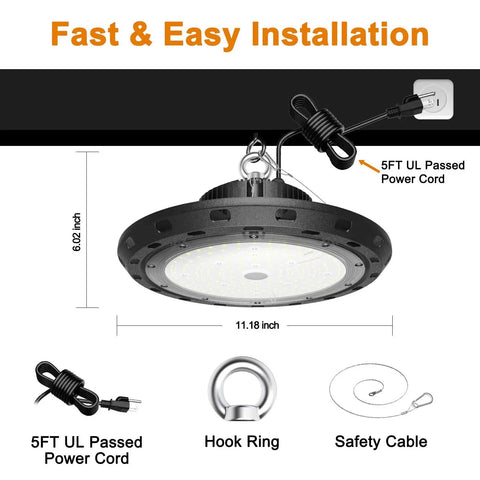 100W LED High Bay Light With 15,000 Lumens 5000K Daylight Dope Brightness installation guide showing power cord and accessories