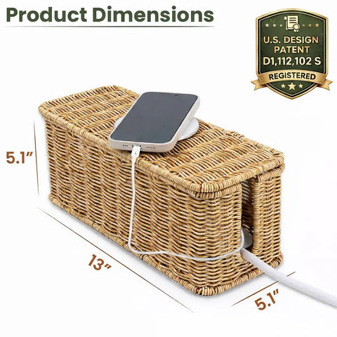 Handmade Rattan Cable Management Box with two open slots for power strips routers and USB hubs cord hider 13 by 5 by 5 inches
