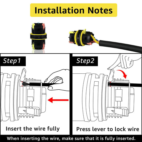 Tool-Free Press-In Outdoor Junction Box Kit With 3 Pin Connectors, IP68 Waterproof, installation steps, wire insertion