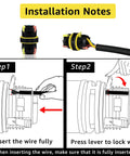 Installation notes for 150 Pack IP68 Junction Box With 3 Pin Connectors illustrating wire insertion steps.