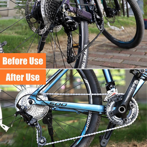 Before and after use of Two Pack Upgraded 4 Sided Bike Chain Washer With Fully Enclosed Chain Cleaning Brushes