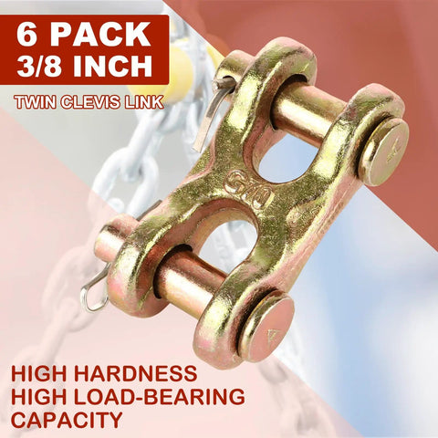 Heavy Duty 6 Pack 3/8 Inch G70 Alloy Steel Safety Chain Repair Links Forged Twin Clevis Connector close-up view