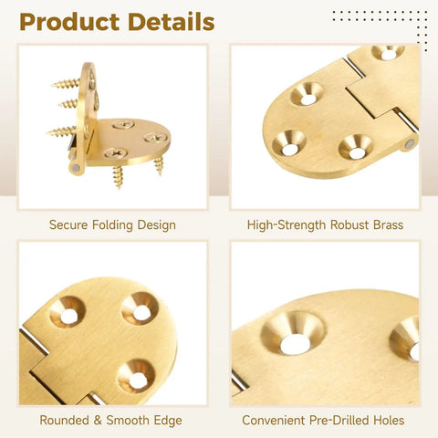 Space Saving Brass 90 Degree Folding Hinge Set For Tables And Cabinets, 4 Pieces, showing secure design and pre-drilled holes