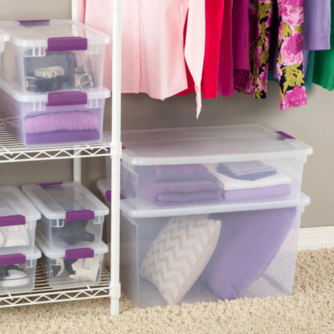 Clear View Stackable Storage Totes With Snappy Latching Lids Heavy Duty Plastic Bins For Closets Bedrooms And Attics Roomy Carriers To Store Clothes Blankets And Everyday Gear 24 Pack Set