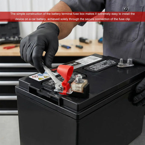 User installing Heavy Duty MRBF Terminal Fuse Block, 300 Amp 58 Volt DC Single Stud Battery Fuse Kit on a car battery.