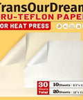 Nonstick Pro Grade Heat Press Paper Set For Sublimation And Crafts, Mixed Pack of 20 Large and 10 Small Sheets Display