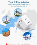 6 In 1 EU Travel Power Plug Adapter With Three Outlets Two USB A Ports And One USB C Port over Europe map