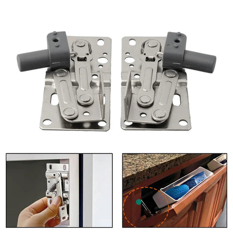 Soft Close Flip Out Tray Hinges One Pair With 45 Degree Tilt for kitchen trays and sink flip outs in use on cabinets.