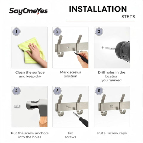 Installation steps for Wall Mounted Coat Rack With 17 Inch Stainless Steel Rail And Six Heavy Duty Double Coat Hooks In Brushed Nickel Finish