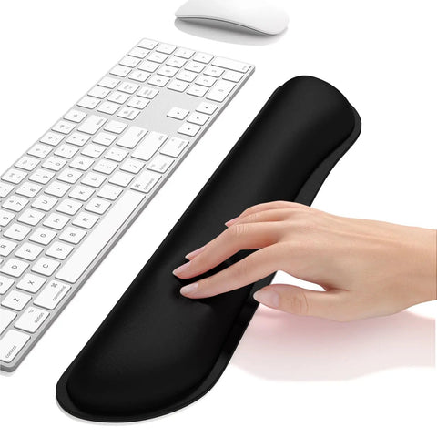 Cozy Memory Foam Keyboard Wrist Rest With Non Slip Base For Comfort And Pain Relief Ergonomic Mouse Pad Rest For Gaming Laptop And Computer Desk Use Cute Black displayed on desk