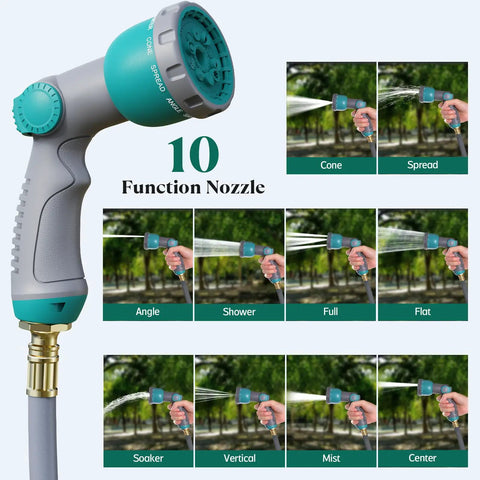 Retractable Garden Hose Reel With Lock At Any Length, 100 Ft Hybrid Hose, 10 pattern spray nozzle configurations grid