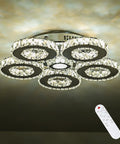 Crystal Flush Mount Ceiling Light With Remote Control, Dimmable LED Chandelier With 5 Ring Design, Chrome Finish