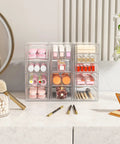 Clear Acrylic Thirteen Drawer Storage Makeup Organizer For Desk Bathroom Vanity Counter with various cosmetics arranged neatly.