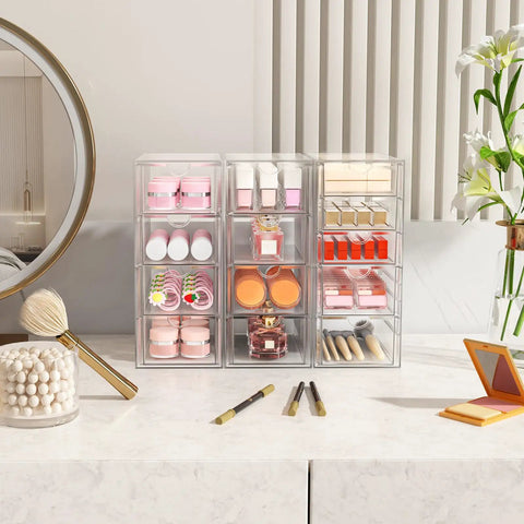 Clear Acrylic Thirteen Drawer Storage Makeup Organizer For Desk Bathroom Vanity Counter with various cosmetics arranged neatly.