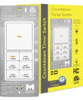One To Sixty Minute Countdown Light Switch With Adjustable LED Brightness For Bathroom Fans And Heaters, 120VAC Neutral Required, ETL And FCC Listed, White, Easy Install, Great For Bathrooms Kitchens And Hallways product and packaging.