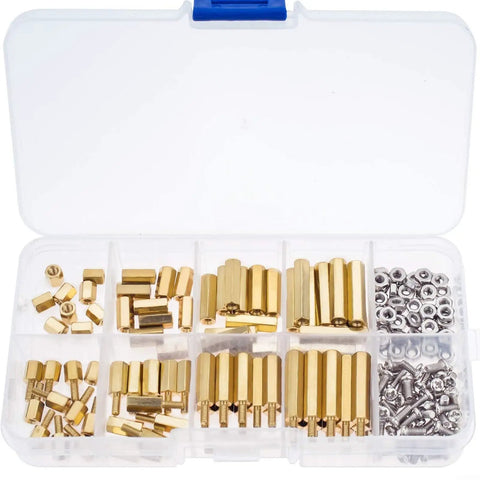 180 Pcs M2.5 Brass Hex Standoff Kit With Nuts And Spacers Male And Female Threaded Spacers For Electronics Tech DIY Motherboard PCB Repair Kit Gold And Silver Finish Includes Storage Boxes, open organizer with brass standoffs and silver nuts