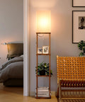 Floor Lamp With Shelves, Dual USB Ports And Built In Outlet, Remote Controlled, 3 Color Temperature LED Bulb in living room