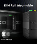 8-Port Gigabit Industrial DIN Rail Ethernet Switch With 16Gbps Switching Capacity, IP40 Rated, shown installed on a DIN rail