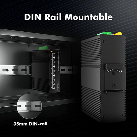 8-Port Gigabit Industrial DIN Rail Ethernet Switch With 16Gbps Switching Capacity, IP40 Rated, shown installed on a DIN rail