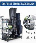Garage Ready Golf Storage Organizer For Two Bags, Extra Large Stand With Shelves And Club Rack, golf bags and clubs stored.