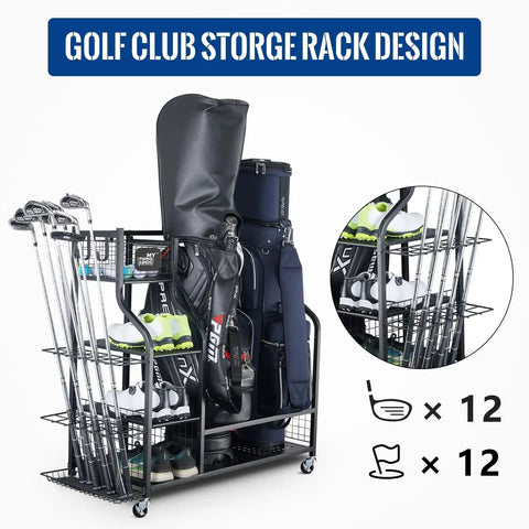 Garage Ready Golf Storage Organizer For Two Bags, Extra Large Stand With Shelves And Club Rack, golf bags and clubs stored.