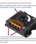 LED Light Strip Dimmer Controller With Aluminum Housing 12V To 24V DC 30A PWM Brightness Rotating Knob showing connection details