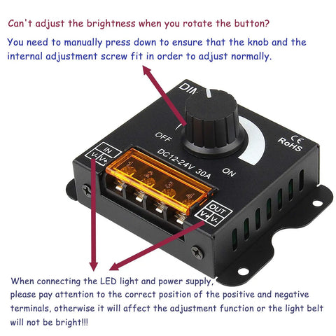 LED Light Strip Dimmer Controller With Aluminum Housing 12V To 24V DC 30A PWM Brightness Rotating Knob showing connection details