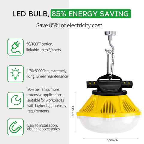 Aluminum Housing LED Construction String Lights 50 Ft 100W 10000 Lumens Work Light With 3-Prong Plug ETL Listed Temporary Job Site Lighting Portable And Extendable With Hooks On Each Lamp
