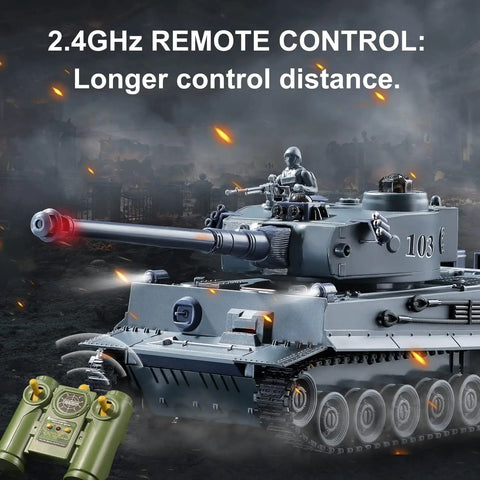 RC Military Tank Tiger I WW2 Battle Toy With IR Battle and 2.4GHz remote, turret rotating, lights, realistic details, shown in battle scene