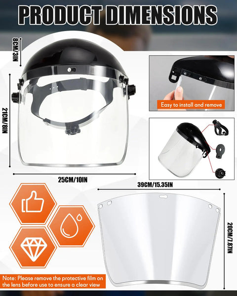 Close-up view of a safety face shield from the Three Piece PPE Set With Safety Face Shield 42.5 Inch Waterproof Rubber Apron And Latex Gloves For Industrial Cleaning Grinding And Chemical Work For Tougher All Day Protection