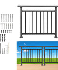 Preassembled Horizontal Deck Railing Kit Featuring Tight Baluster Spacing And Rock Solid Metal Frame Crafted From Heavy Duty Black Steel for safer backyards with installation tools.
