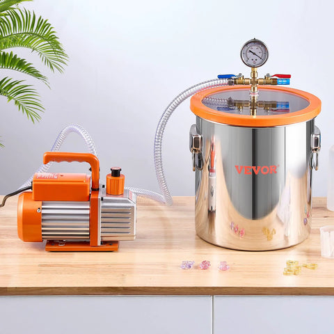 Front view of VEVOR 5-gallon stainless steel vacuum chamber with acrylic lid and orange pump kit.