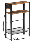 Slim Side Table With Charging Station And USB Ports For Small Spaces, narrow end table with storage shelf in rustic brown and black