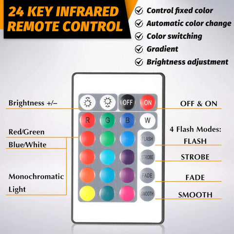 Remote control for 12 Pack 3D Night LED Light Bases with color and brightness options displayed, 24 key infrared design.
