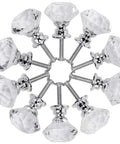 Crystal Glass Cabinet Knobs Set of 10 Diamond Shape 30mm Clear Drawer Pulls for Cabinets Dresser Cupboard Wardrobe With 0.8 Inch Screw Thread and Shiny Chrome Base Sleek Easy Install shown in a circular arrangement on display.