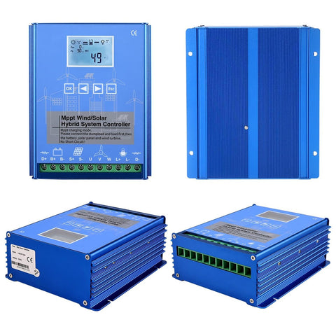 3000W MPPT Wind And Solar Hybrid Charge Controller for 12V Battery System with LCD Display, showcasing front and side views.
