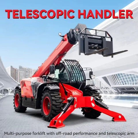 Heavy Duty Telescopic Forklift Handler With 7 To 18 Meter Intelligent Boom Extension And 4WD Mobile Telehandler in red with a telescopic arm.