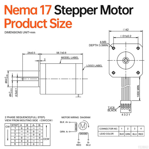 YEJMKJ NEMA 17 stepper motor diagram: front and side views, 42×60 mm housing, 2-phase, 4-lead cable.