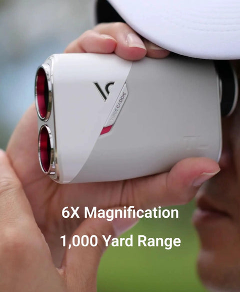 Golfer using TL1 Golf Rangefinder With Slope And Magnet And Dual Color OLED For Low Light Play; 6x magnification, 1000 yd range.