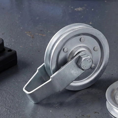 Heavy Duty Garage Door Pulley Kit With 3 Inch Sheave Wheels Two Clevis Fork Pulleys And Two Stationary Sheaves showing a galvanized steel pulley.