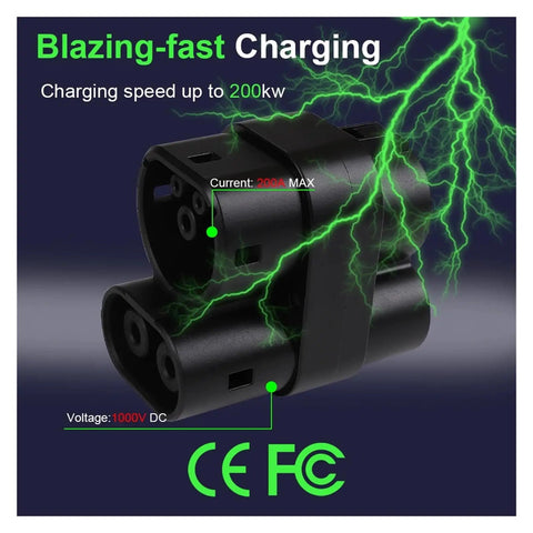 CCS1 To CCS2 EV DC Fast Charging Adapter 200A 1000V Electric Vehicle Converter close-up with specs and power details.