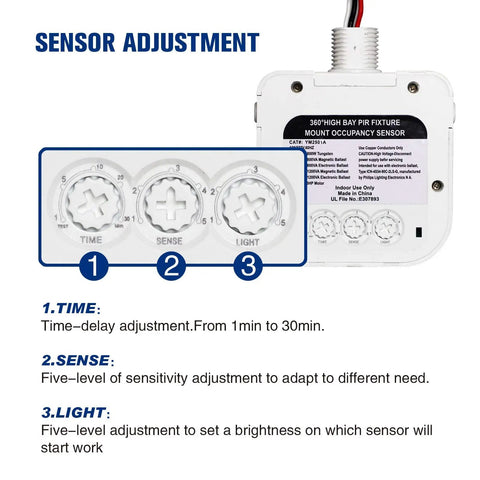 Ceiling Mounted Occupancy Motion Sensor Switch, 360 Degree Passive Infrared Detection, Automatic High Bay Light Control sensor adjustment knobs