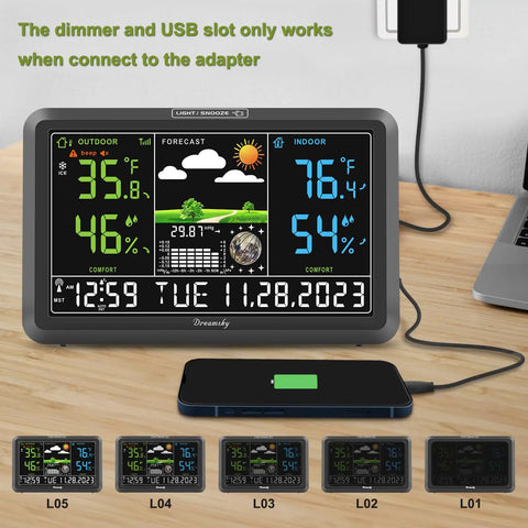 Indoor Outdoor Weather Station With Large Digital Display and Wireless Thermometer on desk showing temperature and humidity