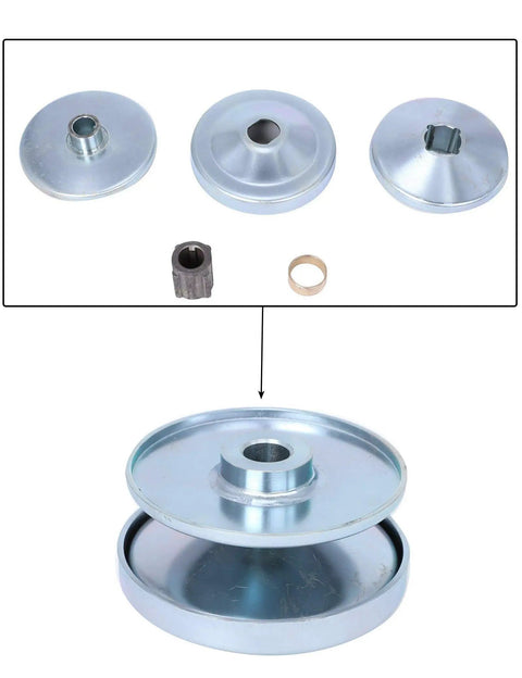 Alt Tag: 30 Series Go Kart CVT Torque Converter Kit With Three Quarter Inch Bore, Six Inch Driven, Five Eighth Inch Shaft, Asymmetric Drive, 725 Belt Included components.